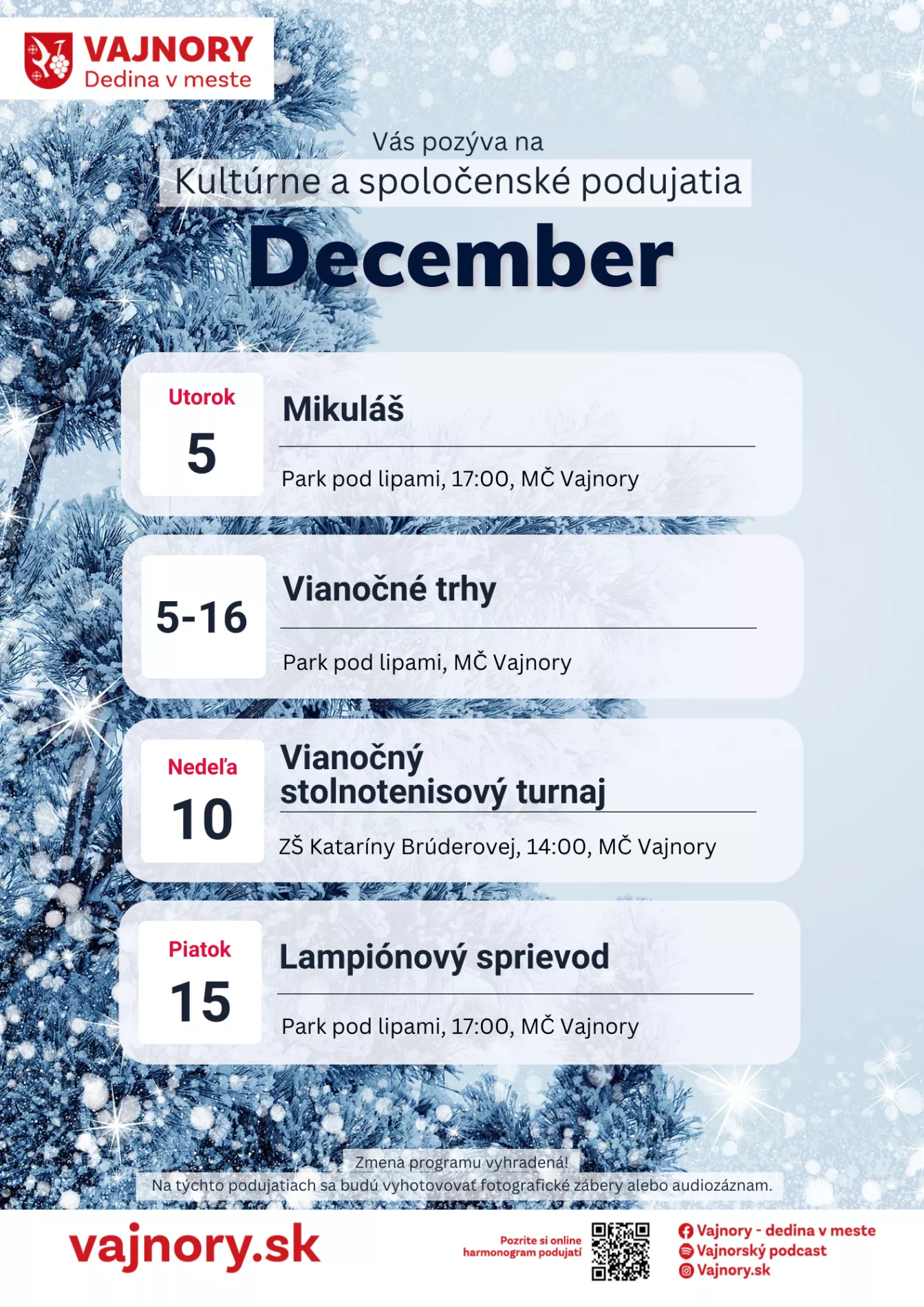 Kultúrne a spoločenské podujatia - DECEMBER 2023
