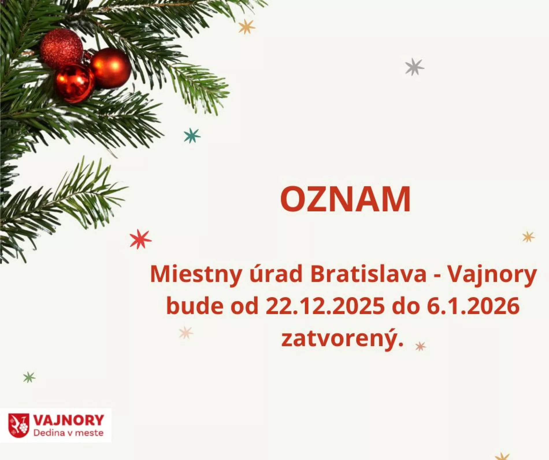 Miestny úrad a knižnica budú počas vianočných a novoročných sviatkov zatvorené