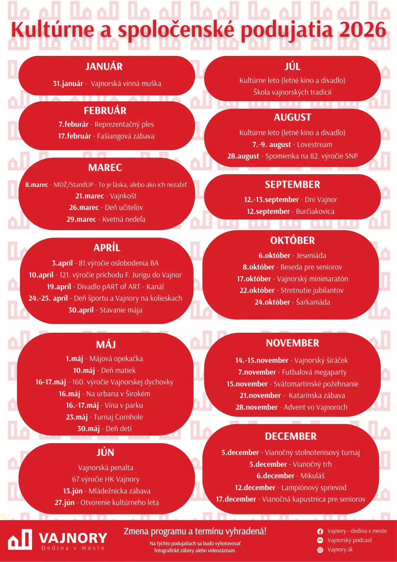 Harmonogram kultúrnych a športových podujatí na rok 2026