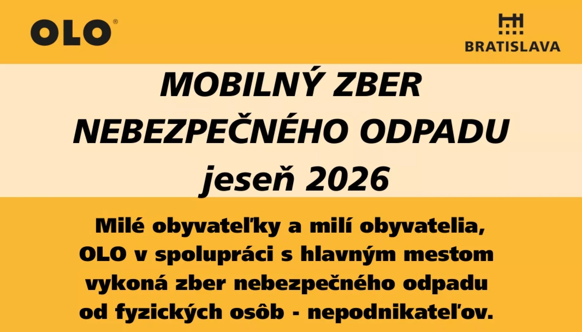 OLO v októbri a novembri 2026 zrealizuje zber komunálnych odpadov z domácností s obsahom nebezpečných látok v mestských častiach   