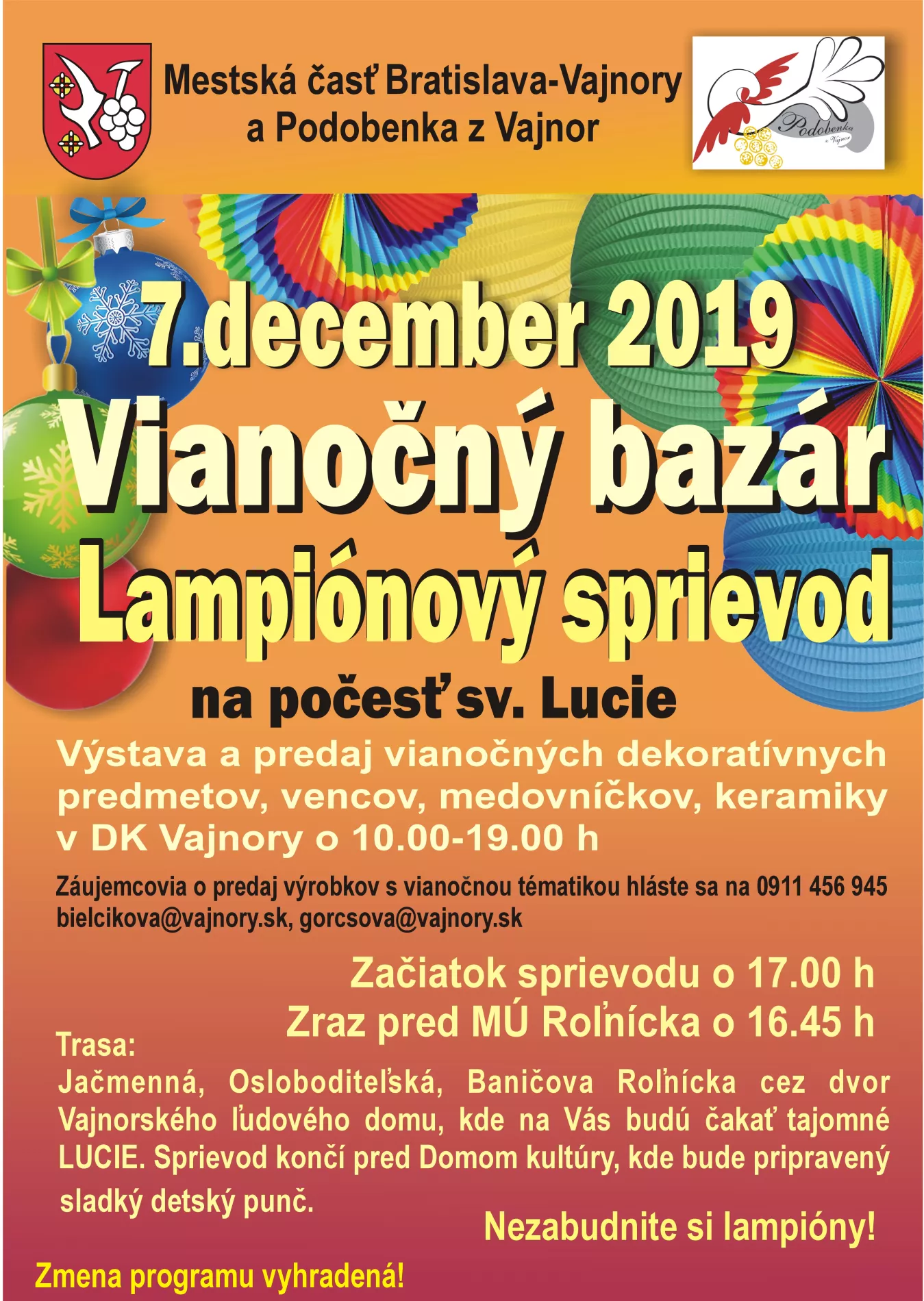  „Vianočný bazár“  a „Lampiónový sprievod“ 7. decembra 2019