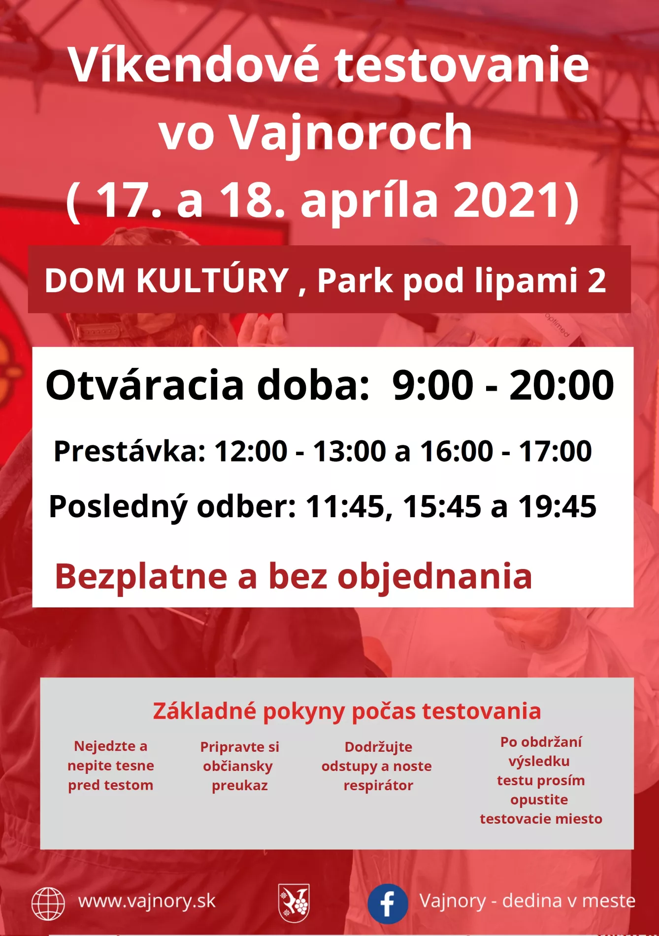  Testovanie vo Vajnoroch bez objednania cez víkend 17.-18.4.2021
