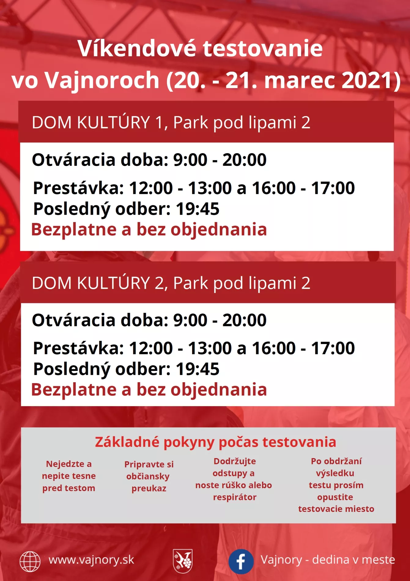 Testovanie vo Vajnoroch bez objednania cez víkend 20.-21.3.2021