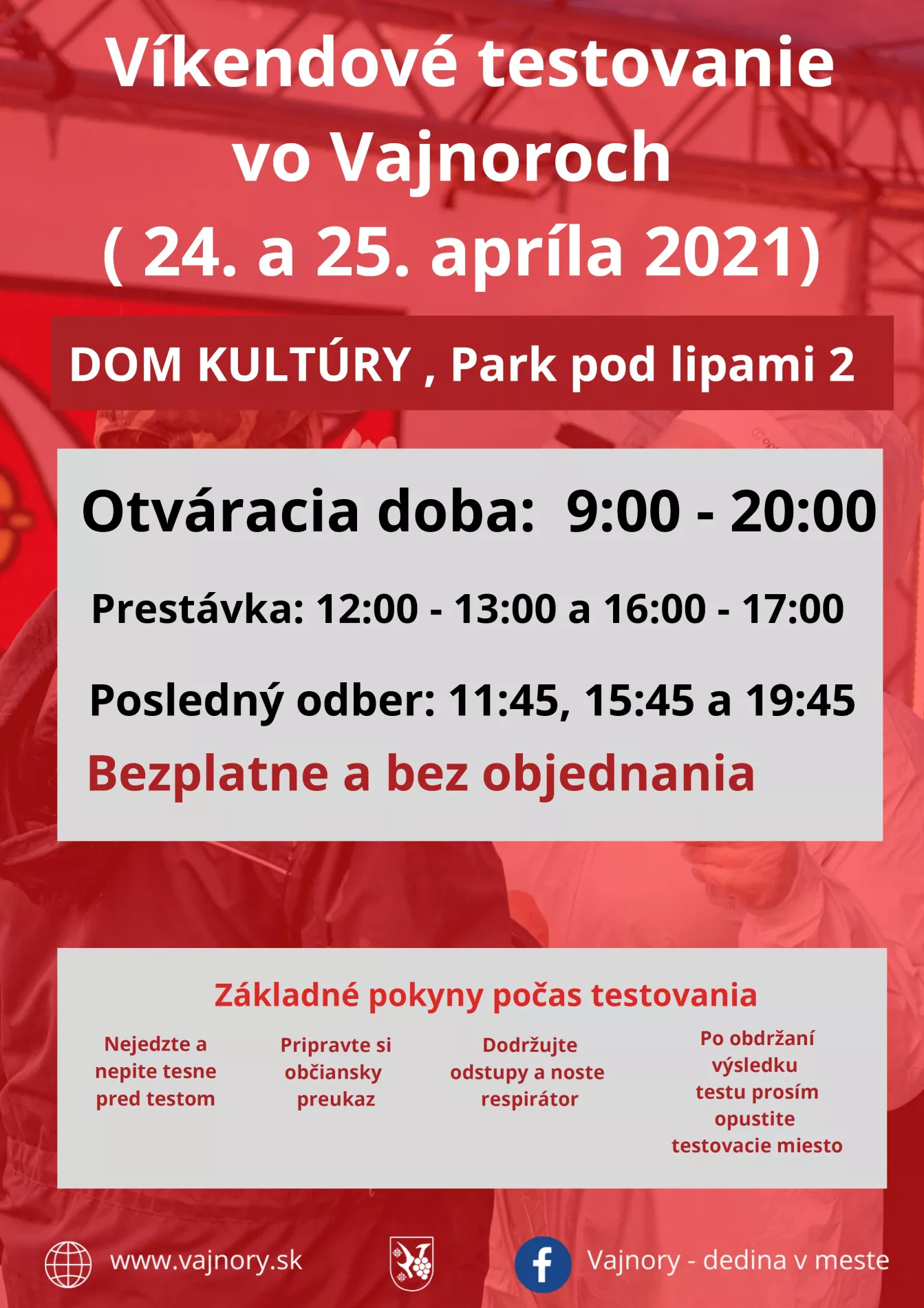 Testovanie vo Vajnoroch bez objednania cez víkend 24.-25.4.2021