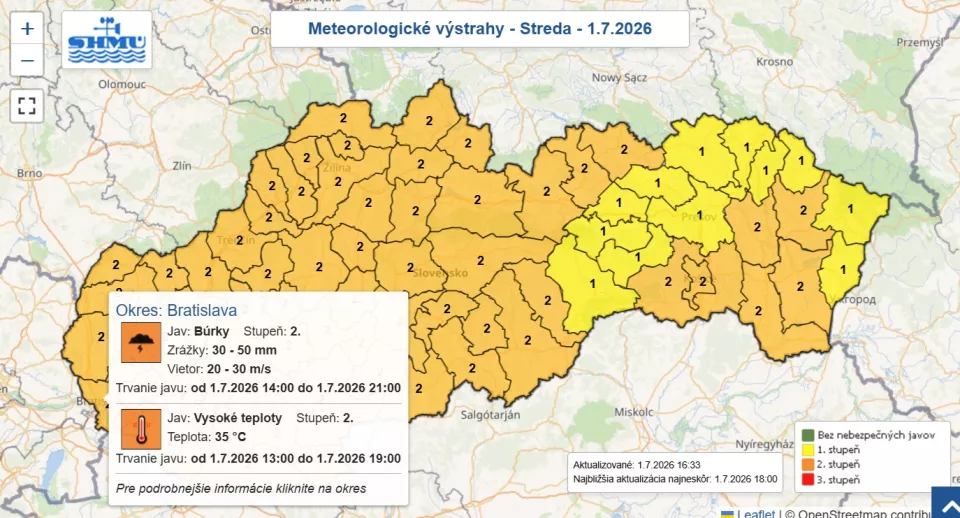 SHMÚ zvýšil výstrahu pred búrkami na dnešný večer na 2. stupeň