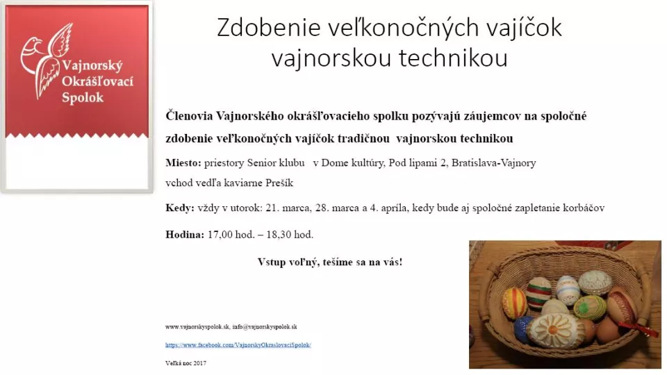 Zdobenie veľkonočných vajíčok vajnorskou technikou 21. marca, 28. marca a 4. apríla