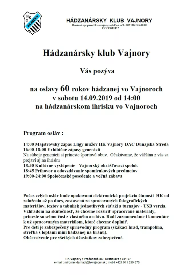 Oslava 60. výročia hádzanej vo Vajnoroch 14. septembra 2019