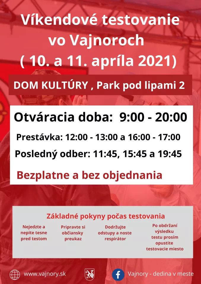  Testovanie vo Vajnoroch bez objednania cez víkend 10.-11.4.2021