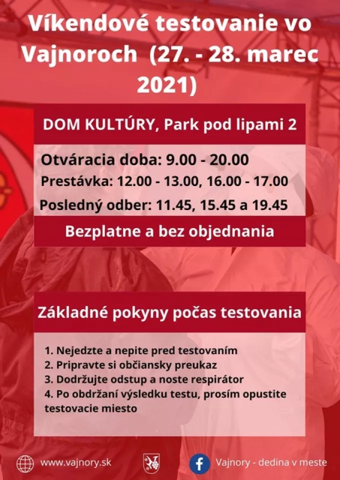  Testovanie vo Vajnoroch bez objednania cez víkend 27.-28.3.2021